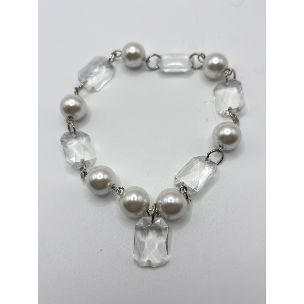 Faux Pearl and Faceted Clear Acrylic Bead Silver Tone Link Bracelet Bridal Style